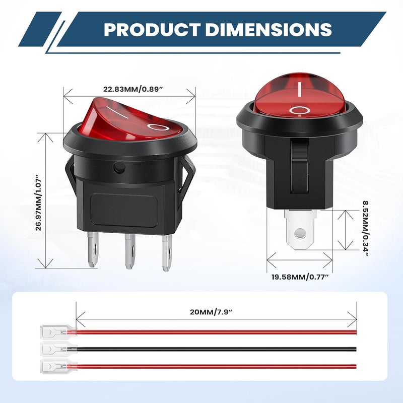 DMTVAL 10Pcs 12V Red LED Round Rocker Switch Kit, 2 Pin 2 Position SPST ON/Off Toggle with Pre-Wired Leads, Rated 6A/250V 10A/125V, for Car, Boat, Marine, RV - Image 2